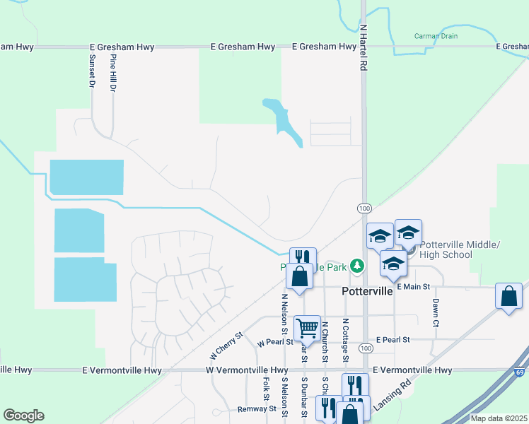 map of restaurants, bars, coffee shops, grocery stores, and more near in Potterville
