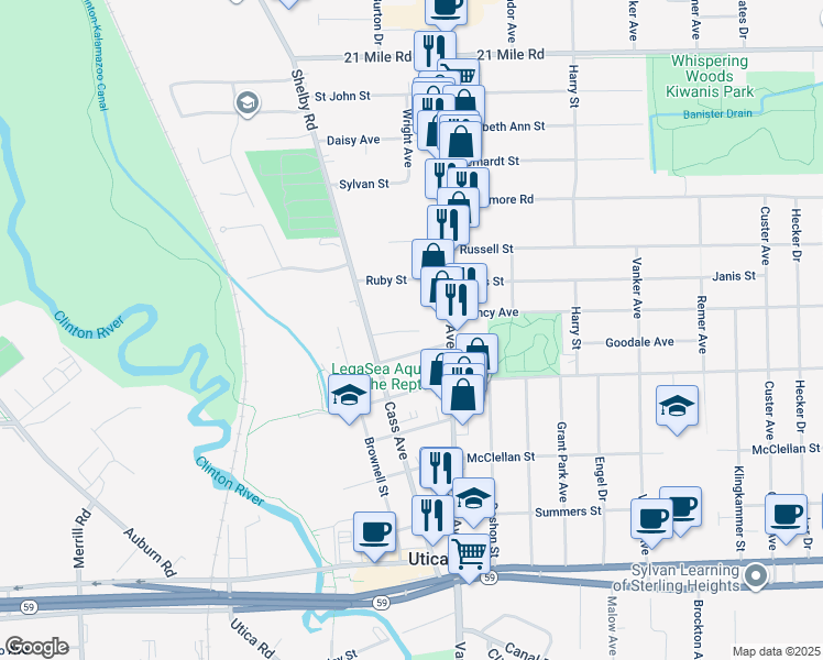 map of restaurants, bars, coffee shops, grocery stores, and more near 45860 Cass Ave in Utica