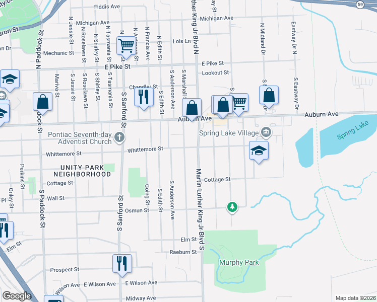 map of restaurants, bars, coffee shops, grocery stores, and more near 185 South Marshall Street in Pontiac