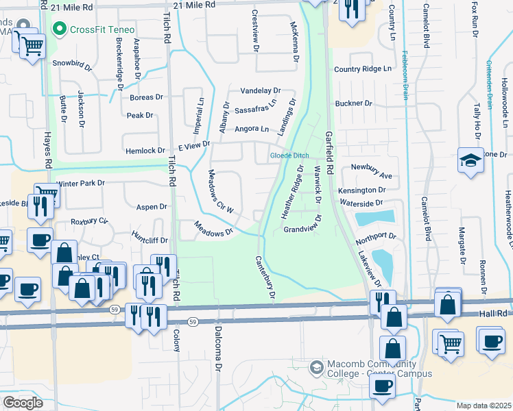 map of restaurants, bars, coffee shops, grocery stores, and more near 45501 Ledgewood Street in Macomb