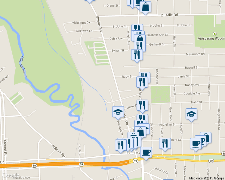 map of restaurants, bars, coffee shops, grocery stores, and more near 45890 Brownell Street in Utica