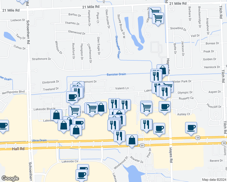 map of restaurants, bars, coffee shops, grocery stores, and more near 14557 Lakeside Boulevard North in Shelby Charter Township