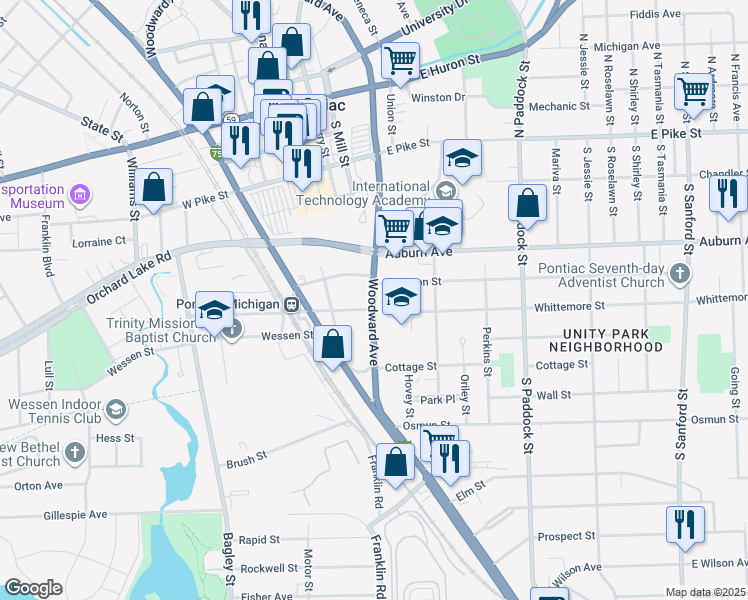 map of restaurants, bars, coffee shops, grocery stores, and more near 214 Woodward Avenue in Pontiac
