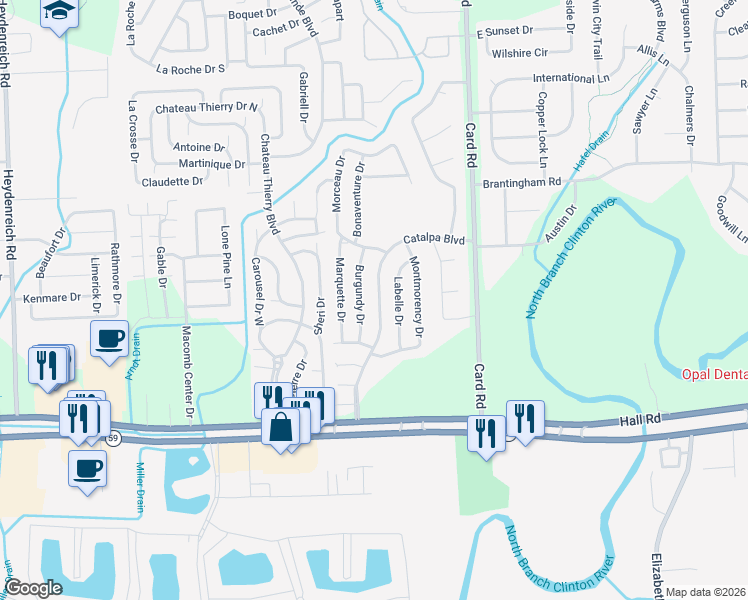 map of restaurants, bars, coffee shops, grocery stores, and more near 45530 Burgundy Drive in Macomb