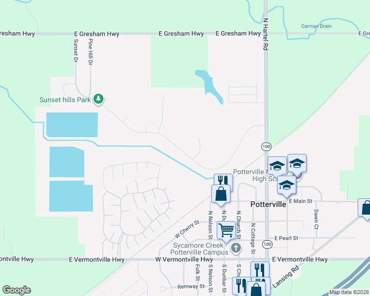 map of restaurants, bars, coffee shops, grocery stores, and more near in Potterville