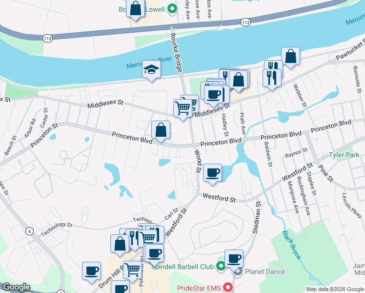 map of restaurants, bars, coffee shops, grocery stores, and more near 25 Wood Street in Lowell