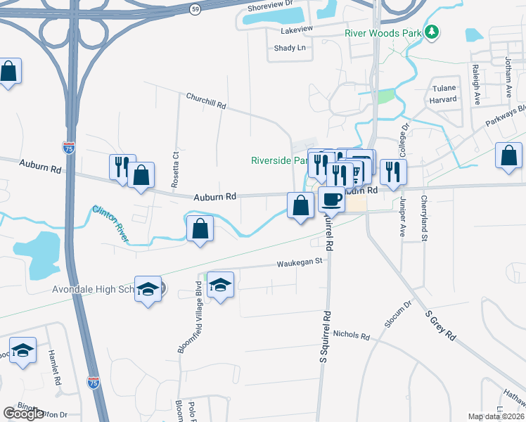 map of restaurants, bars, coffee shops, grocery stores, and more near 3042 Auburn Road in Auburn Hills