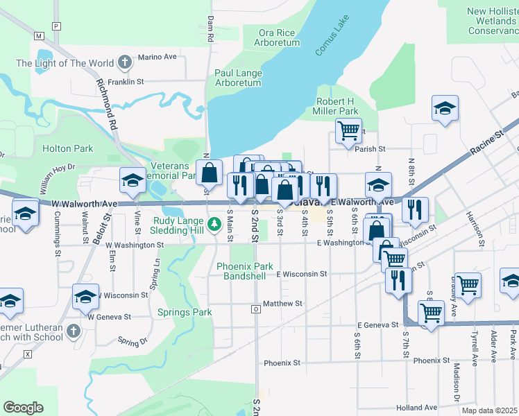 map of restaurants, bars, coffee shops, grocery stores, and more near 202 East Walworth Avenue in Delavan