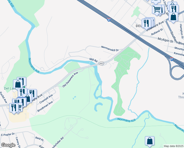 map of restaurants, bars, coffee shops, grocery stores, and more near 15 Mill Rd in Delmar