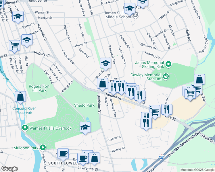 map of restaurants, bars, coffee shops, grocery stores, and more near 18 Laurel Street in Lowell