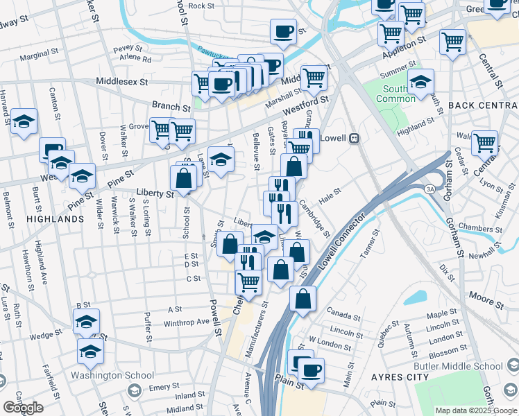 map of restaurants, bars, coffee shops, grocery stores, and more near 126 Bellevue Street in Lowell