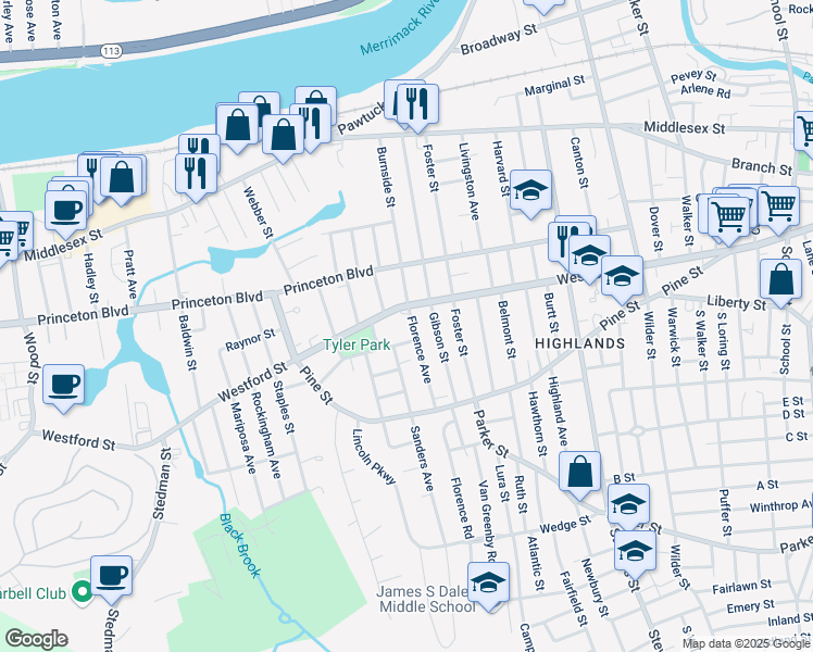 map of restaurants, bars, coffee shops, grocery stores, and more near 15 Florence Avenue in Lowell
