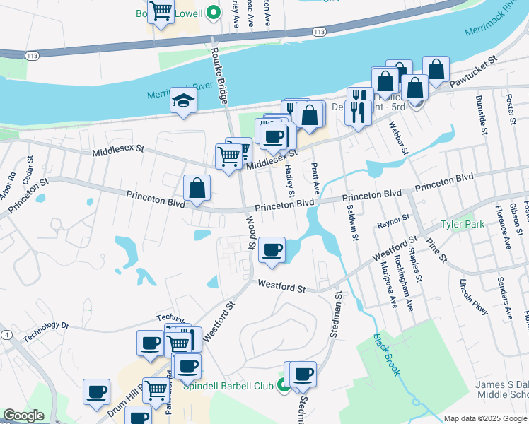 map of restaurants, bars, coffee shops, grocery stores, and more near in Lowell