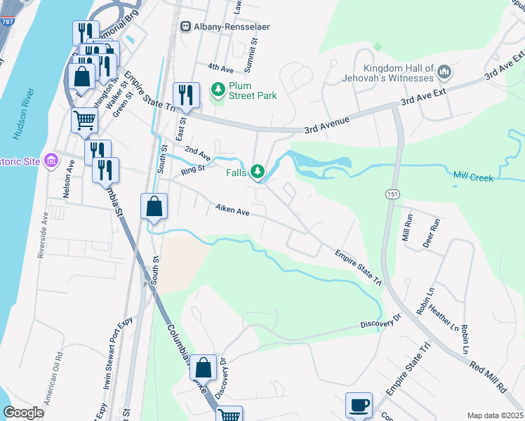 map of restaurants, bars, coffee shops, grocery stores, and more near 122 Aiken Avenue in Rensselaer