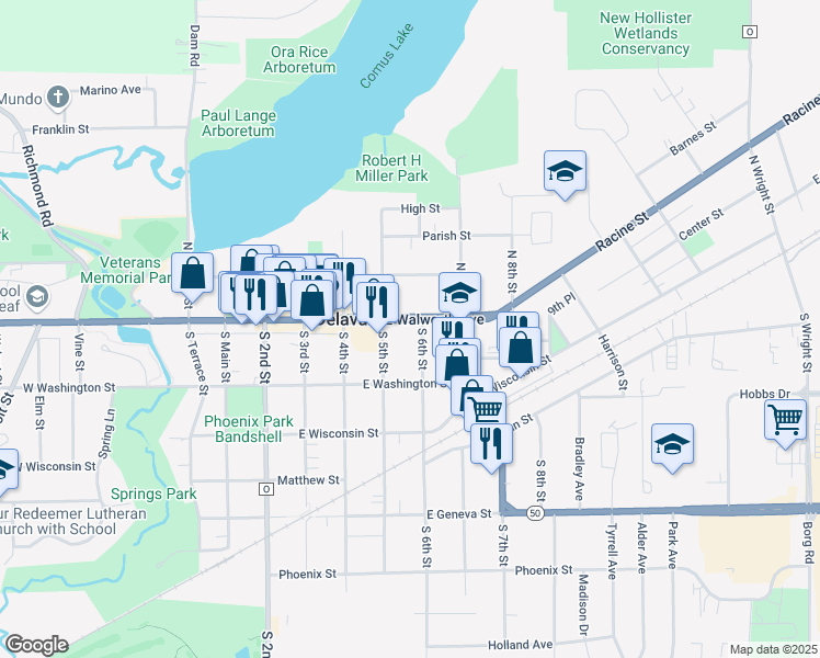 map of restaurants, bars, coffee shops, grocery stores, and more near 52 South 6th Street in Delavan