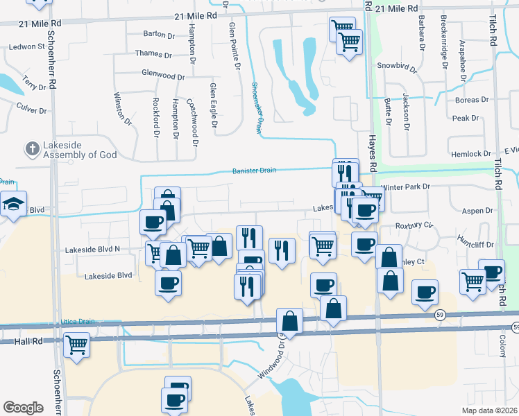 map of restaurants, bars, coffee shops, grocery stores, and more near 14619 Lakeside Boulevard North in Shelby Charter Township