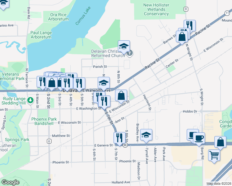 map of restaurants, bars, coffee shops, grocery stores, and more near 718 East Walworth Avenue in Delavan