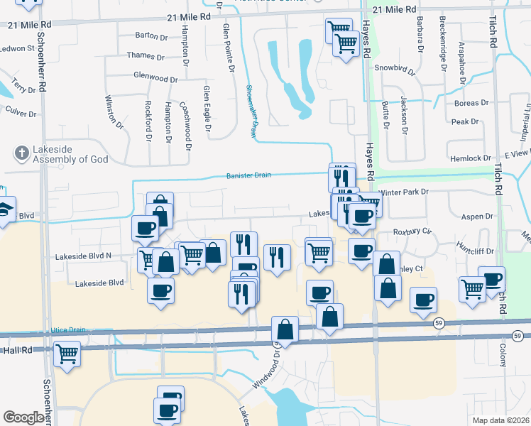 map of restaurants, bars, coffee shops, grocery stores, and more near 14675 Lakeside Boulevard North in Shelby charter Township