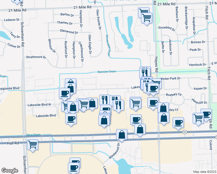 map of restaurants, bars, coffee shops, grocery stores, and more near 14613 Lakeside Boulevard North in Macomb County