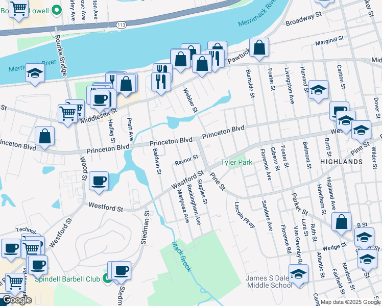map of restaurants, bars, coffee shops, grocery stores, and more near 51 Monadnock Ave in Lowell