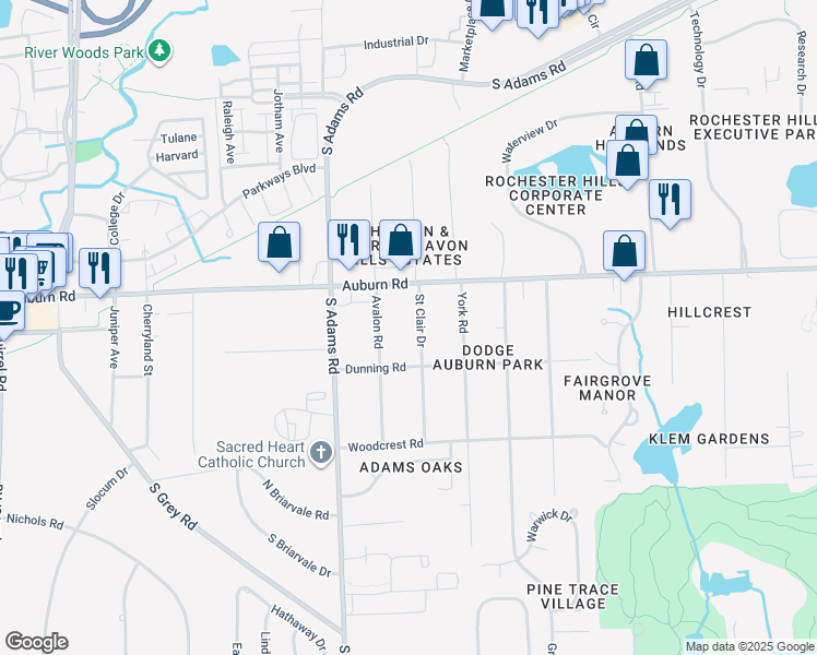 map of restaurants, bars, coffee shops, grocery stores, and more near 3037 Saint Clair Drive in Rochester Hills