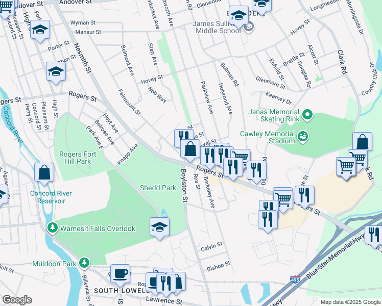 map of restaurants, bars, coffee shops, grocery stores, and more near 18 Laurel Street in Lowell