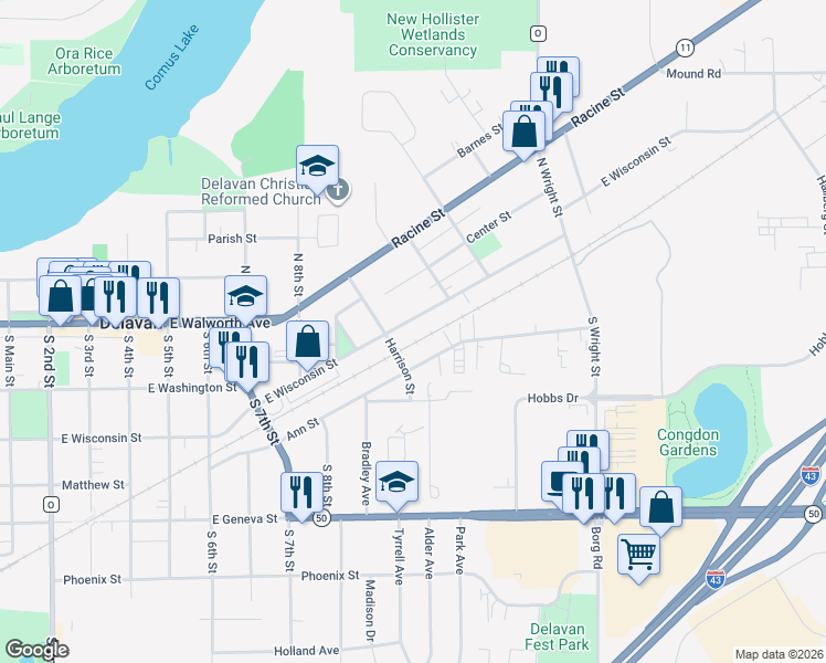 map of restaurants, bars, coffee shops, grocery stores, and more near 107 North Harrison Street in Delavan