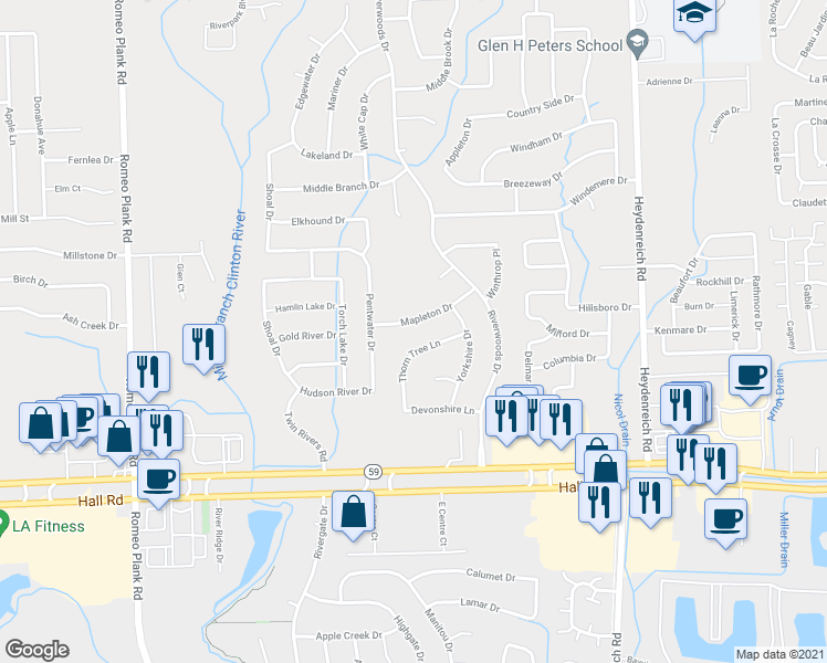 map of restaurants, bars, coffee shops, grocery stores, and more near 19840 Mapleton Drive in Macomb