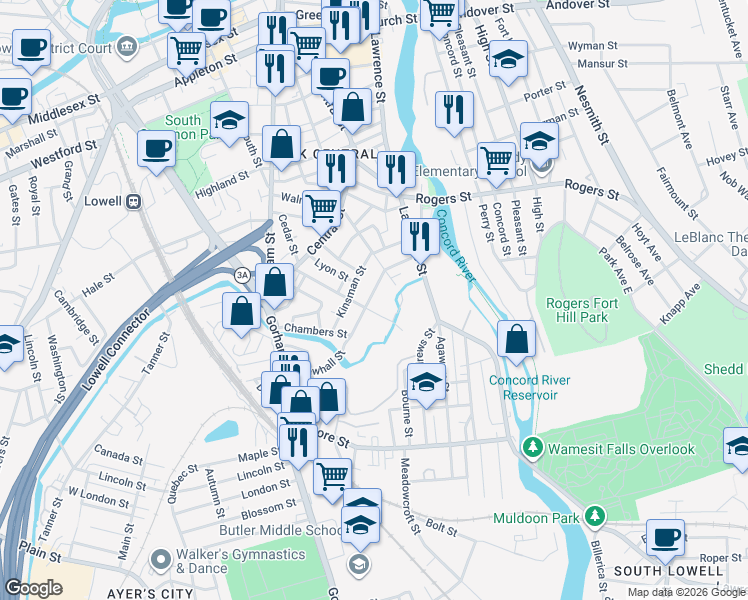 map of restaurants, bars, coffee shops, grocery stores, and more near 34 Newhall Street in Lowell