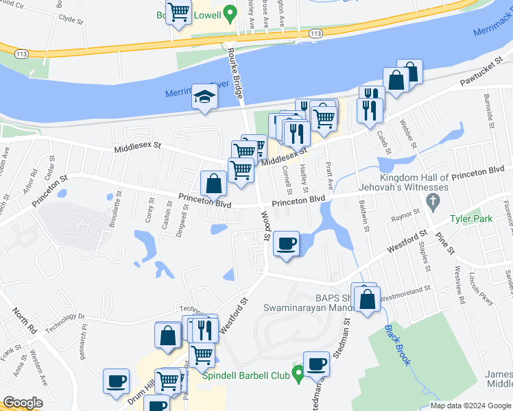 map of restaurants, bars, coffee shops, grocery stores, and more near 677 Princeton Boulevard in Lowell