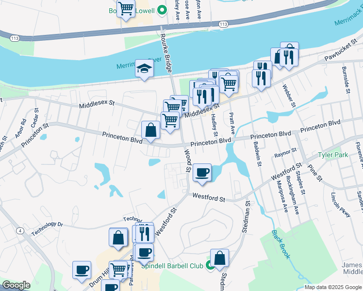 map of restaurants, bars, coffee shops, grocery stores, and more near 675 Princeton Boulevard in Lowell