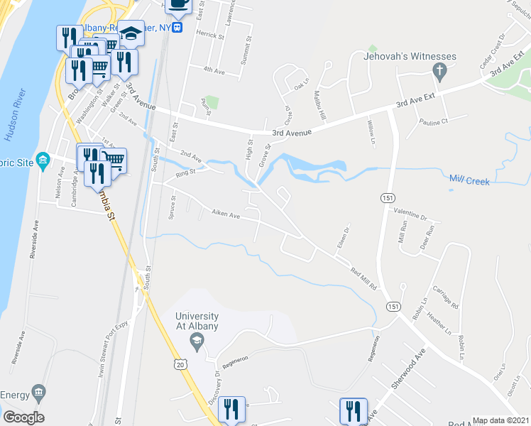 map of restaurants, bars, coffee shops, grocery stores, and more near 438B Aiken Avenue in Rensselaer