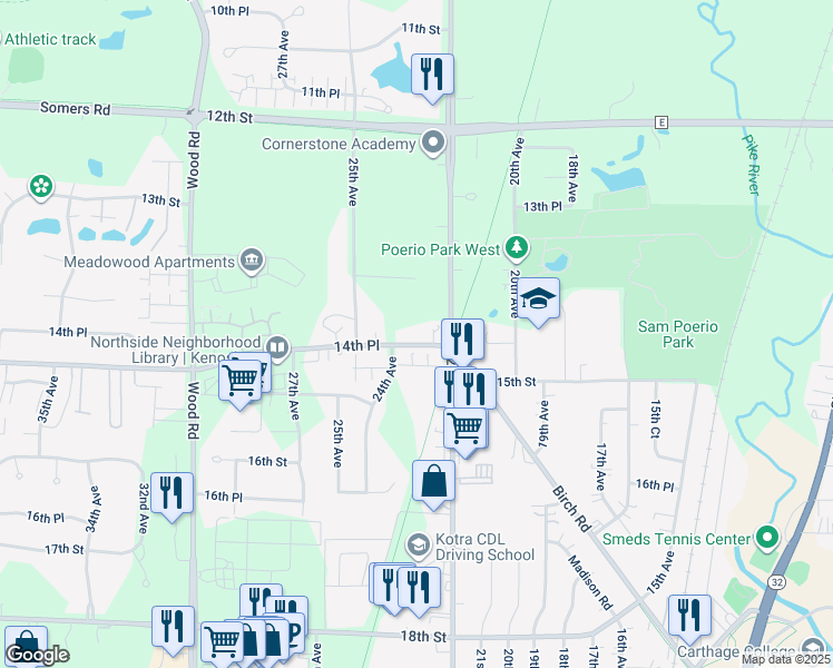 map of restaurants, bars, coffee shops, grocery stores, and more near 2300 14th Place in Kenosha