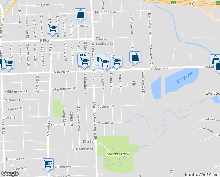 map of restaurants, bars, coffee shops, grocery stores, and more near 192 Russell Street in Pontiac