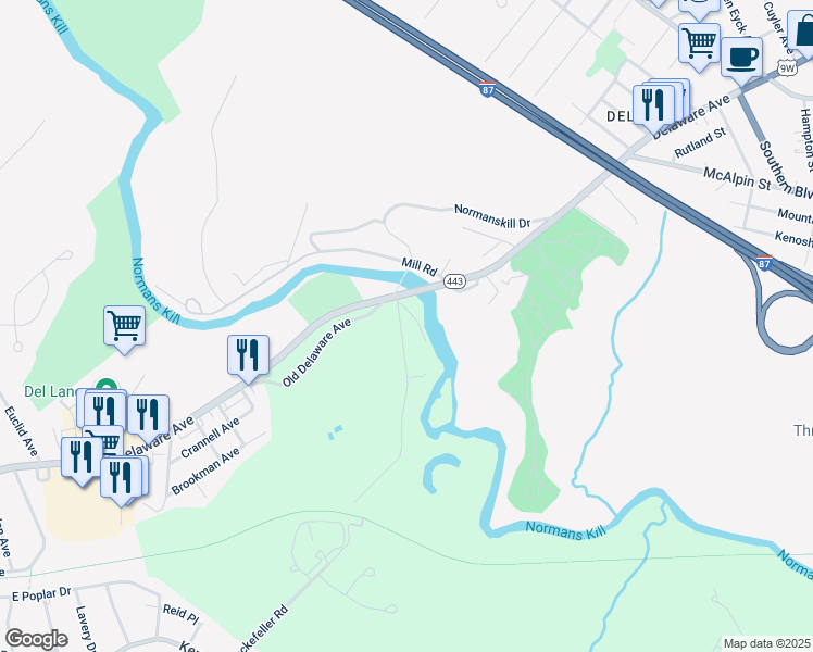 map of restaurants, bars, coffee shops, grocery stores, and more near 15 Mill Road in Delmar