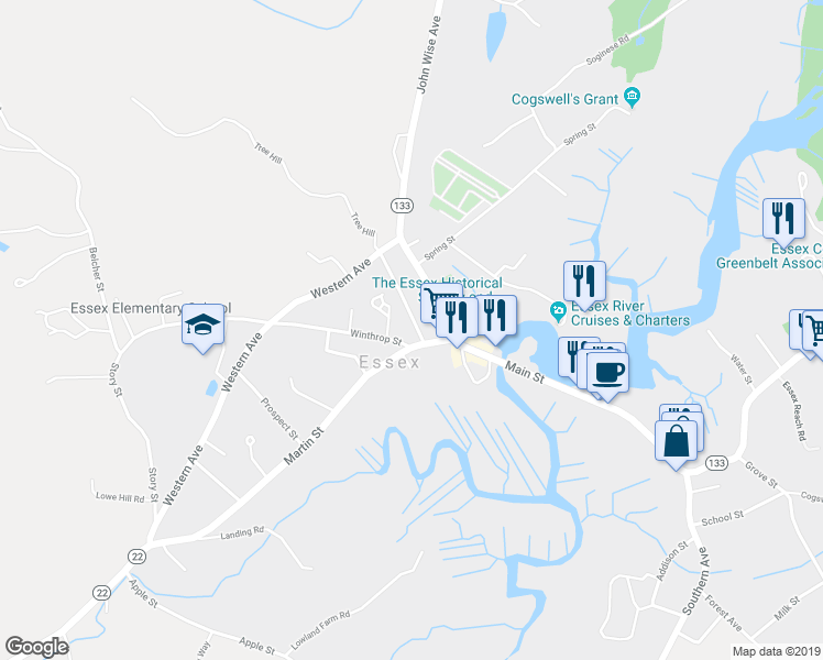 map of restaurants, bars, coffee shops, grocery stores, and more near 8 Pickering St in Essex