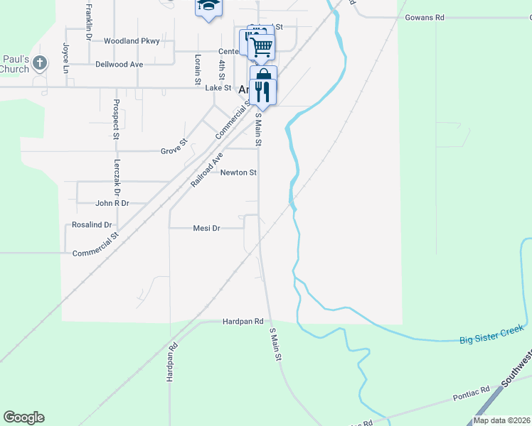 map of restaurants, bars, coffee shops, grocery stores, and more near 150 South Main Street in Angola