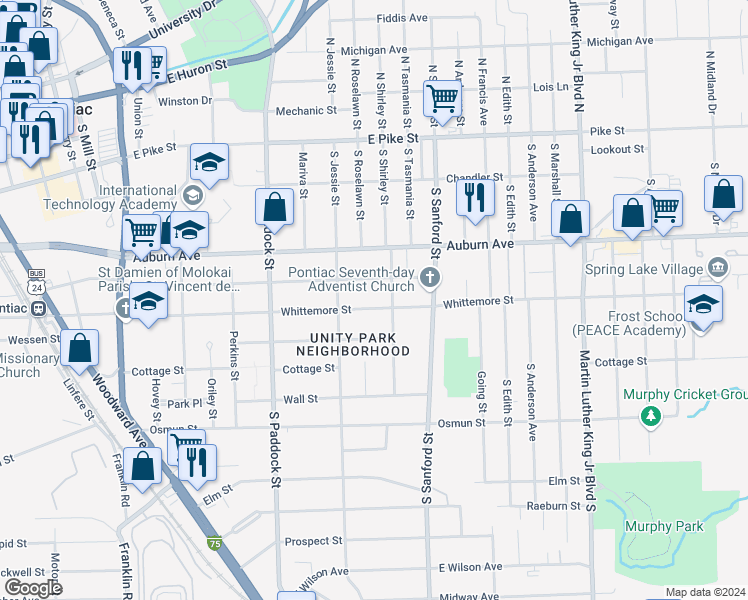 map of restaurants, bars, coffee shops, grocery stores, and more near 335 Whittemore Street in Pontiac