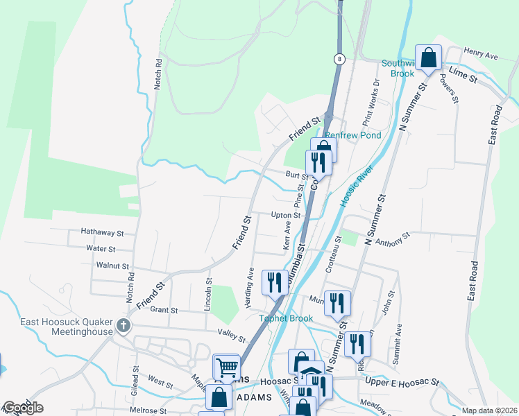 map of restaurants, bars, coffee shops, grocery stores, and more near 37 Upton Street in Adams