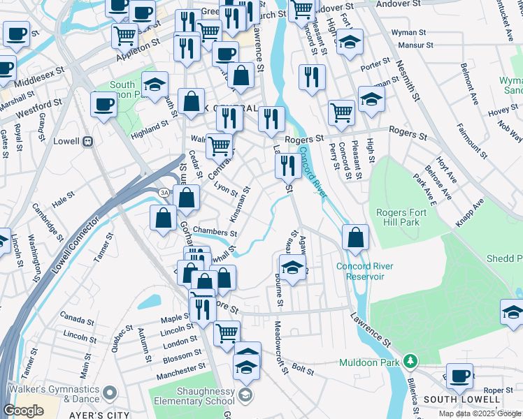 map of restaurants, bars, coffee shops, grocery stores, and more near 34 Newhall Street in Lowell