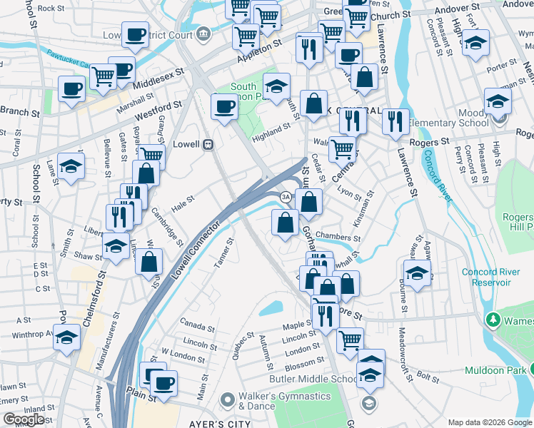 map of restaurants, bars, coffee shops, grocery stores, and more near 15 Robinson Street in Lowell