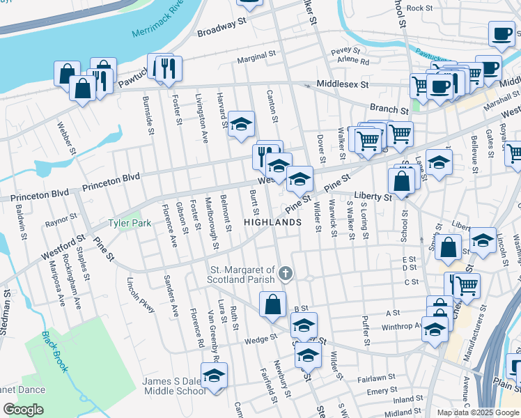 map of restaurants, bars, coffee shops, grocery stores, and more near in Lowell