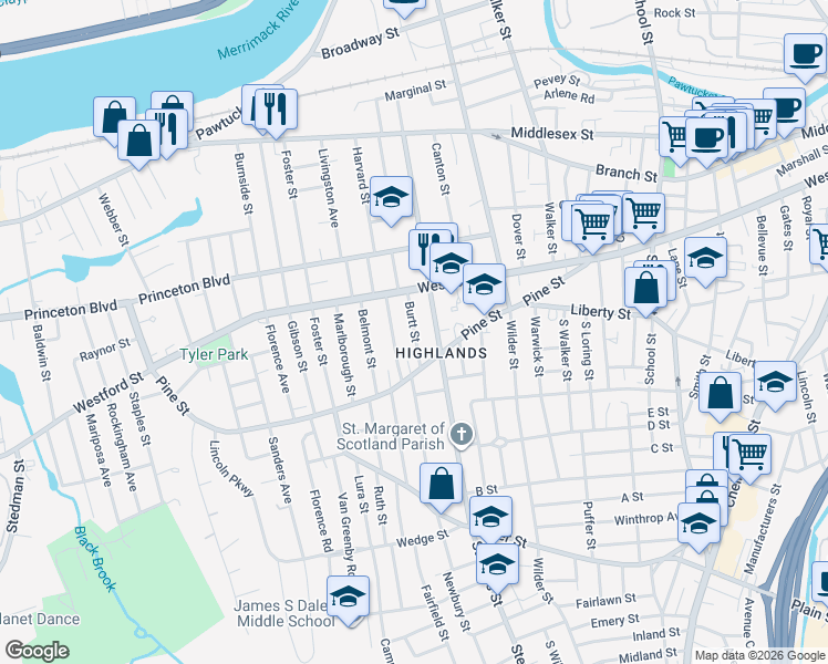 map of restaurants, bars, coffee shops, grocery stores, and more near in Lowell