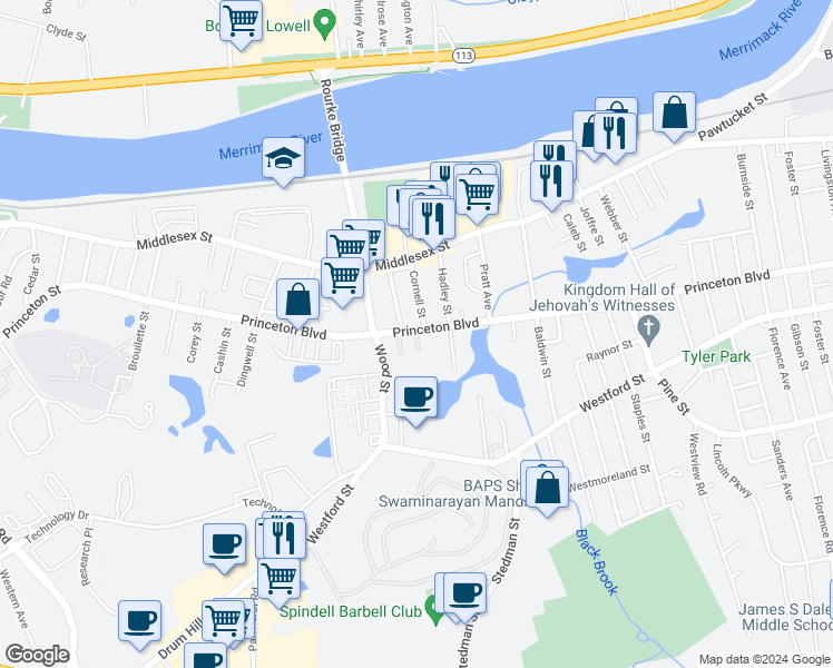 map of restaurants, bars, coffee shops, grocery stores, and more near in Lowell