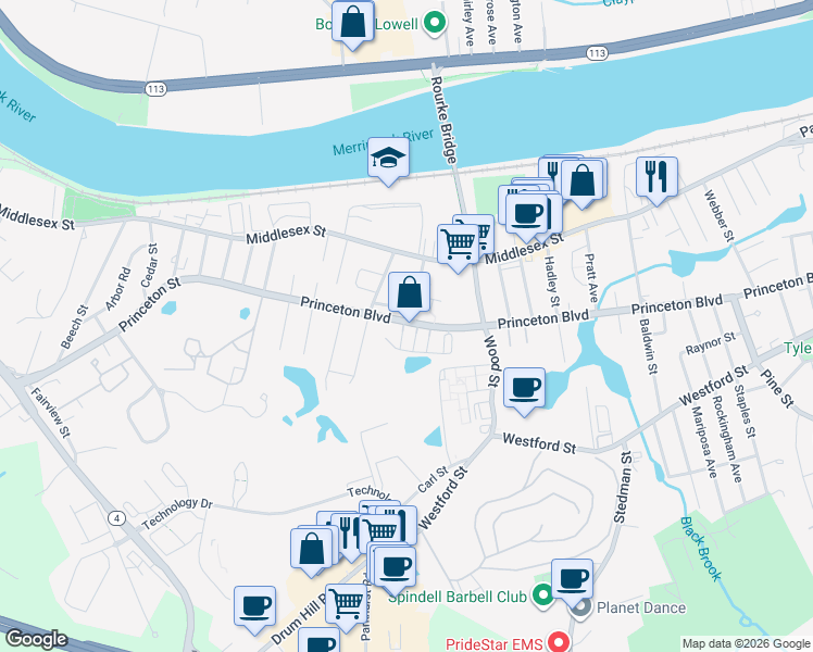 map of restaurants, bars, coffee shops, grocery stores, and more near 725 Princeton Boulevard in Lowell
