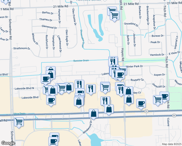 map of restaurants, bars, coffee shops, grocery stores, and more near 14783 Lakeside Boulevard North in Macomb County