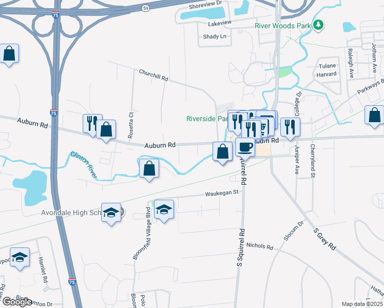 map of restaurants, bars, coffee shops, grocery stores, and more near 3042 Auburn Road in Auburn Hills