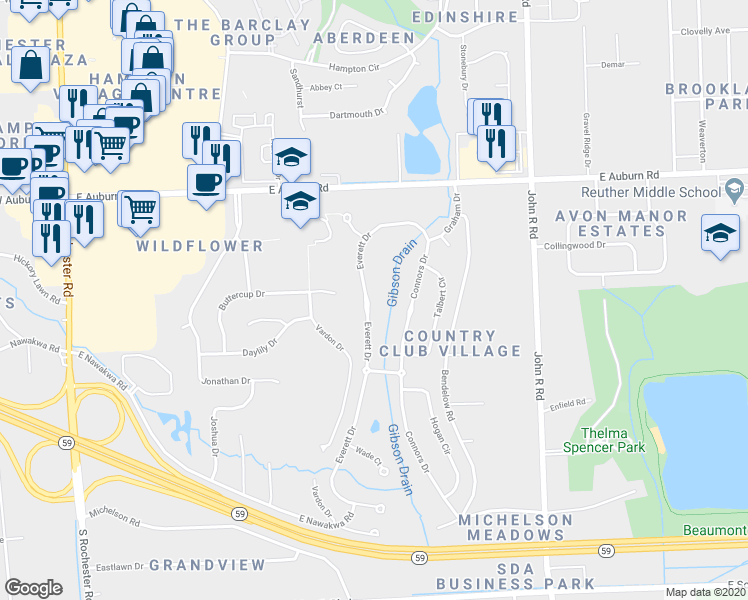 map of restaurants, bars, coffee shops, grocery stores, and more near 3381 Everett Drive in Rochester Hills