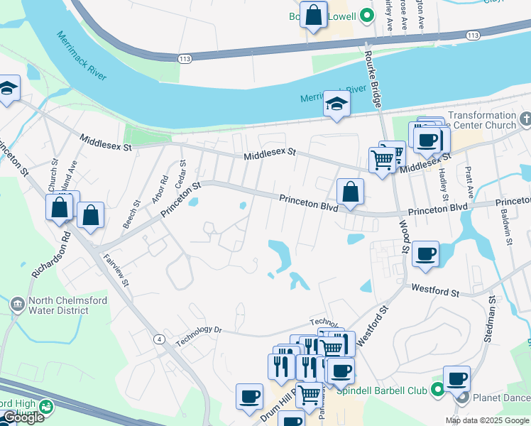map of restaurants, bars, coffee shops, grocery stores, and more near 107 Wightman Street in Chelmsford