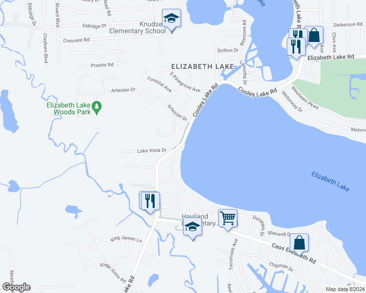 map of restaurants, bars, coffee shops, grocery stores, and more near 5365 Cooley Lake Road in Waterford Township